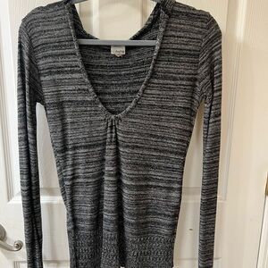 Ambiance Black and Gray Striped V-Neck Long Sleeve Top
